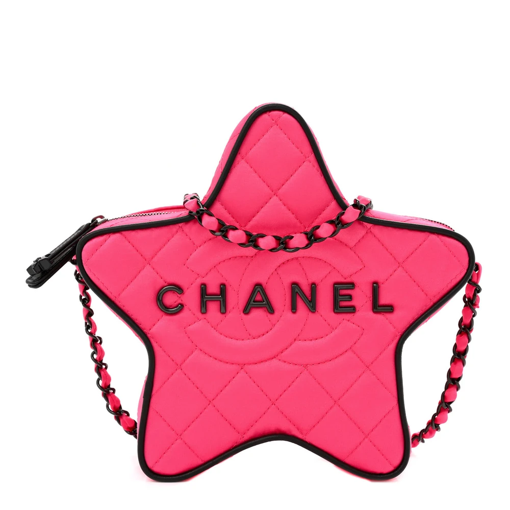 Lushentic Chanel Walk Of Fame Star Small FuchsiaBlack Quilted Satin Black Hardware Front