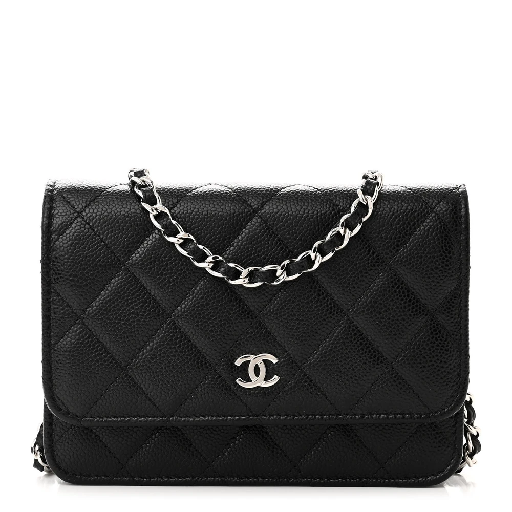 Lushentic Chanel Wallet On Chain (WOC) Mini Black Quilted Caviar Leather Silver Hardware Front