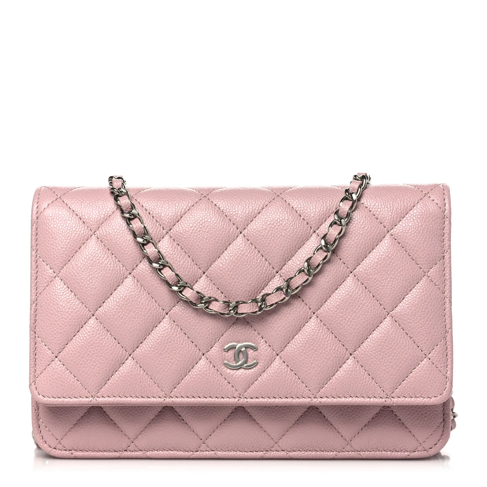 Lushentic Chanel Wallet On Chain (WOC) Small Light Pink Quilted Caviar Leather Silver Hardware Front