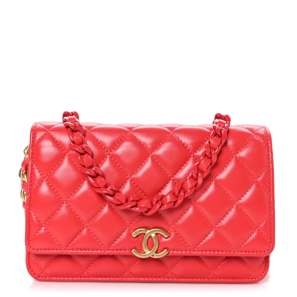Lushentic Chanel Wallet On Chain (WOC) Small Red Quilted Lambskin Leather & Resin Gold Hardware Front