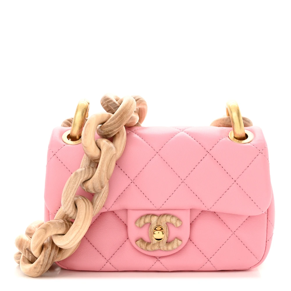 Lushentic Chanel Wenge Wood Square Mini Pink Quilted Lambskin Leather Aged Gold Hardware Front