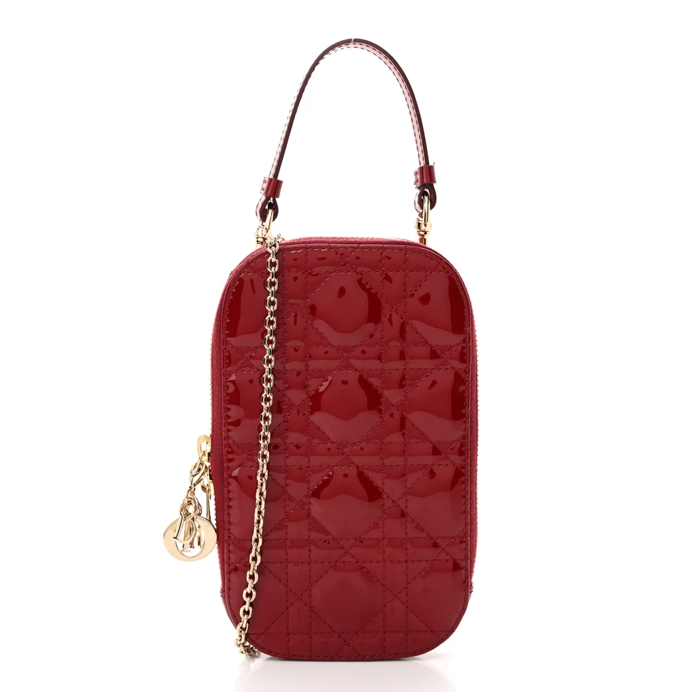 Lushentic Dior Lady Dior Phone Holder Cherry Red Patent Cannage Calfskin Leather Gold Hardware Front