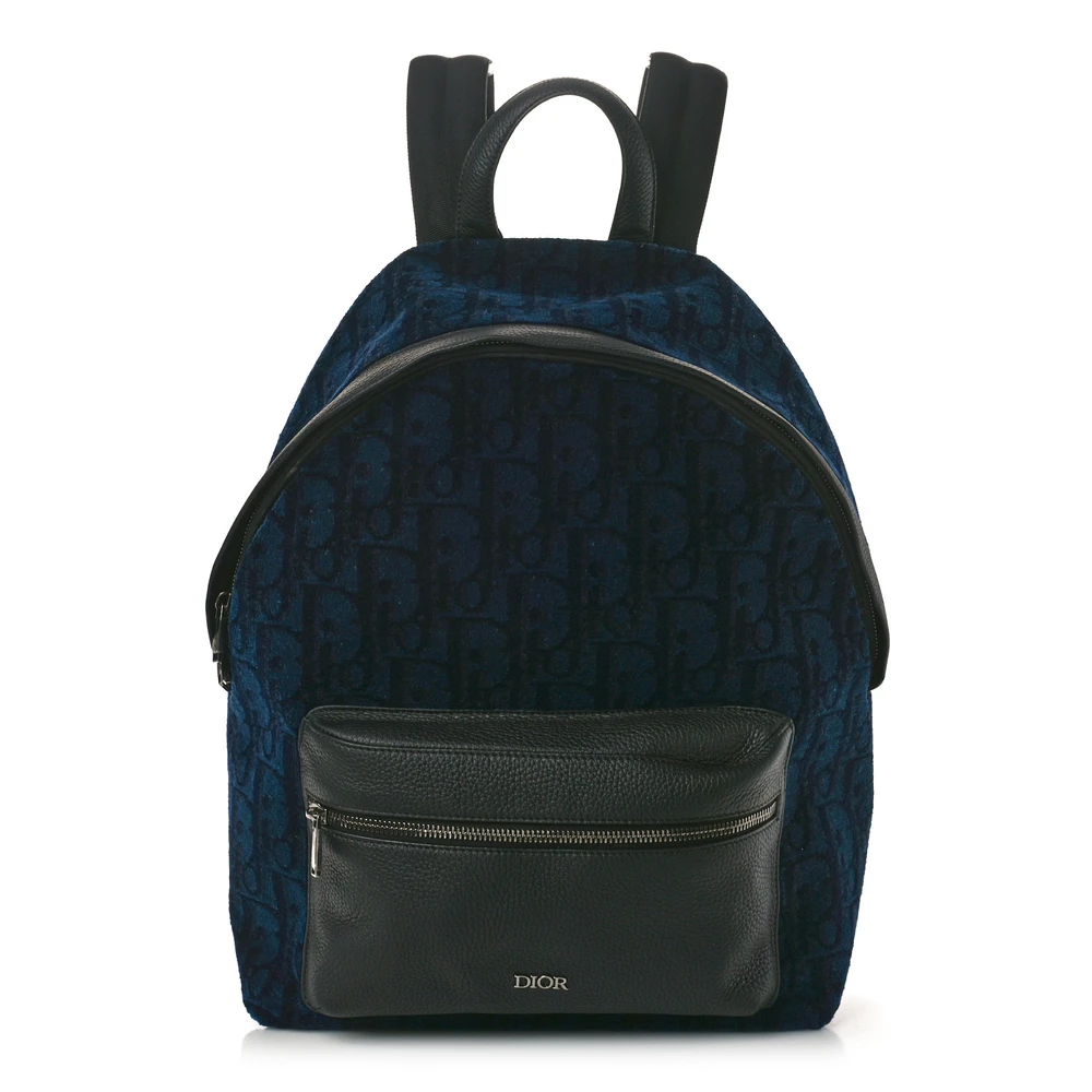 Lushentic Dior Large Backpack Navy Blue Oblique Velvet & Calfskin Leather Silver Hardware Front