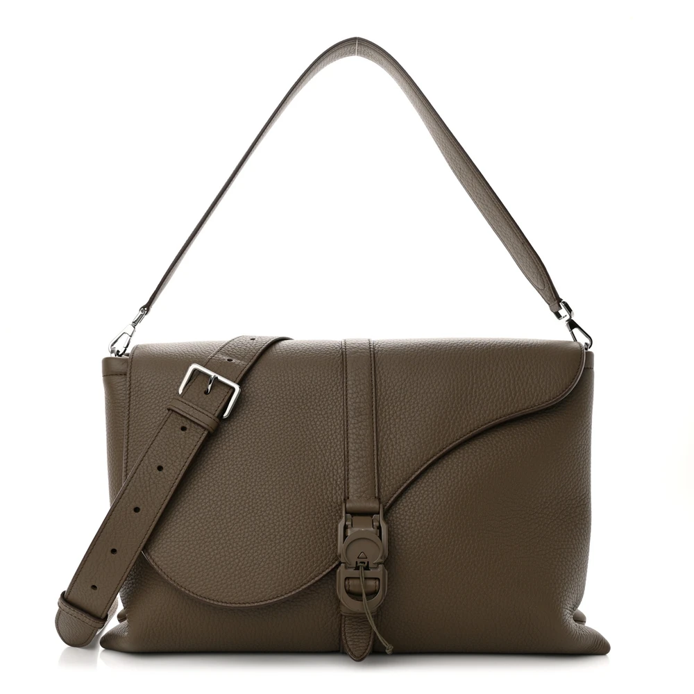 Lushentic Dior Large Men_s Pillow Bag Khaki Grained Calfskin Leather Silver Hardware Front