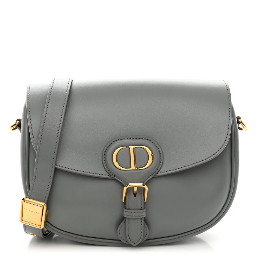 Lushentic Dior Medium Bobby Flap Bag Gray Box Calfskin Leather Brass Hardware Front