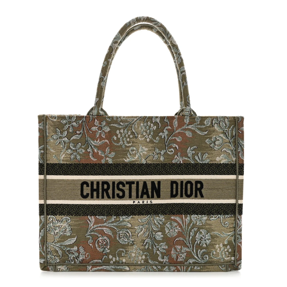 Lushentic Dior Medium Brocart Book Tote Metallic Green Embroidered Canvas Front