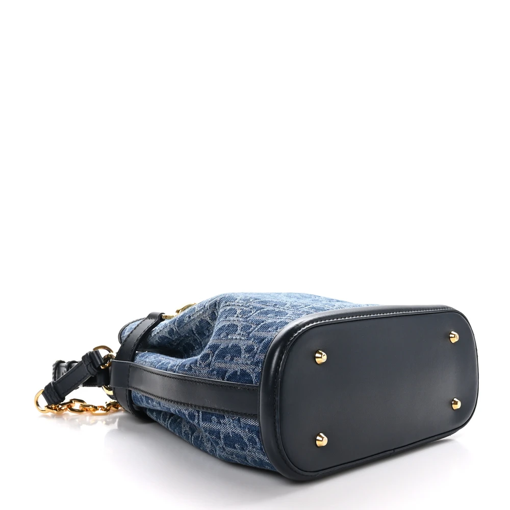 Lushentic Designer Bags – Medium Cest Chain Bucket Bag in Blue Canvas - Designer Inspired Luxury Bag