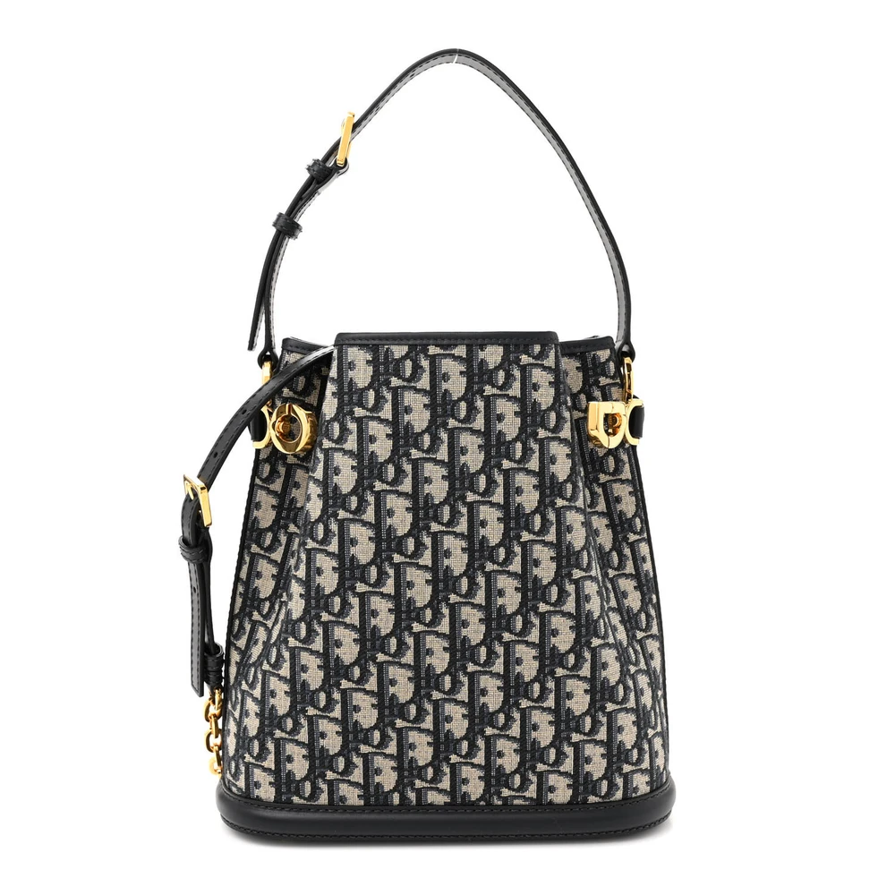 Lushentic Dior Medium C_est Dior Bucket Bag Blue Oblique Canvas & Cannage Calfskin Leather Gold Hardware Front