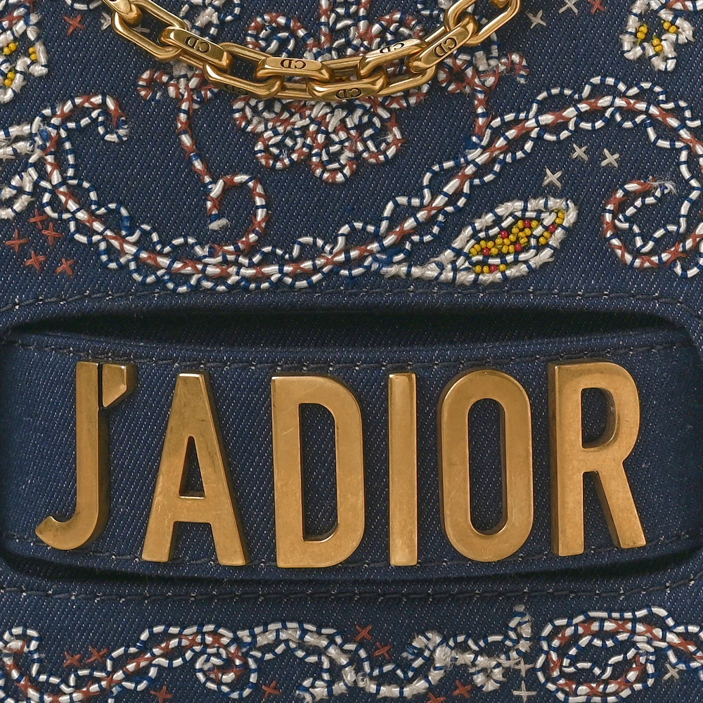 Lushentic Grade Replicas Medium Jadior Chain Flap Bag Blue Multicolor Denim Bead Embroidery Gold Hardware - Designer Inspired Luxury Bag