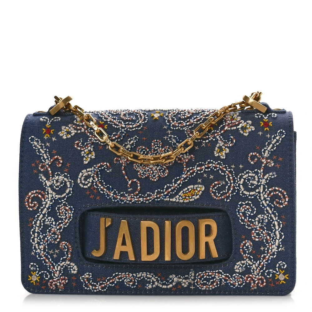 Lushentic Dior Medium J_Adior Chain Flap Bag Blue Multicolor Denim & Bead Embroidery Gold Hardware Front