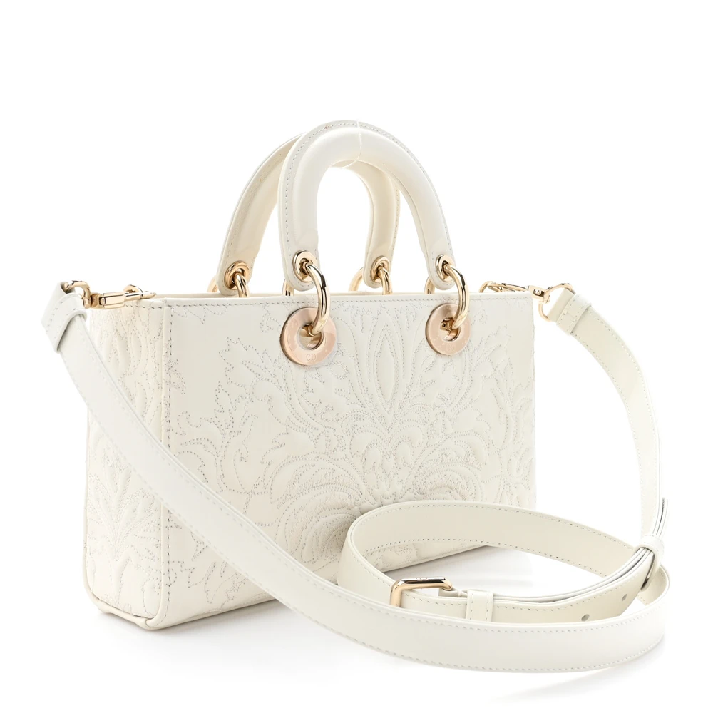 Lushentic Class Medium Lady D Joy White Ornamental Embroidered Calfskin Leather Gold Hardware - Image 3