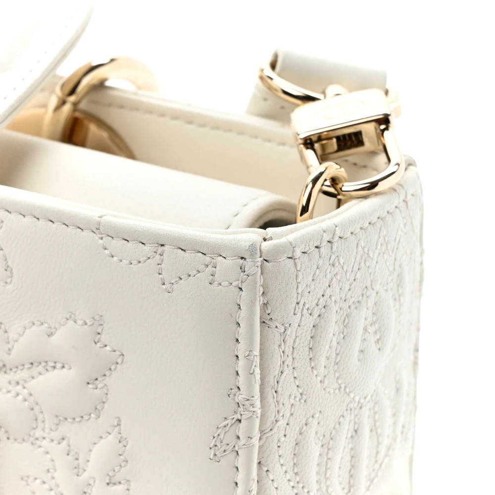 Lushentic Class Medium Lady D Joy White Ornamental Embroidered Calfskin Leather Gold Hardware - Image 14