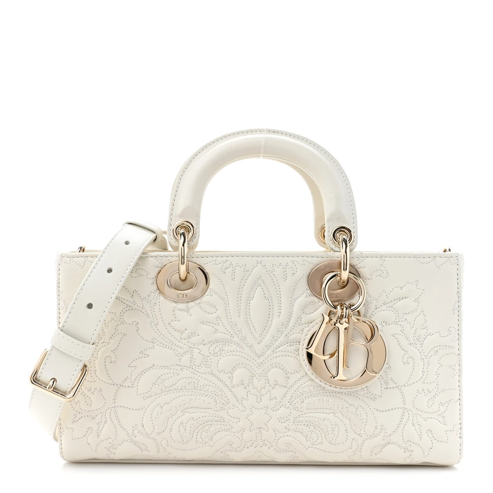 Lushentic Dior Medium Lady D-Joy White Ornamental Embroidered Calfskin Leather Gold Hardware Front