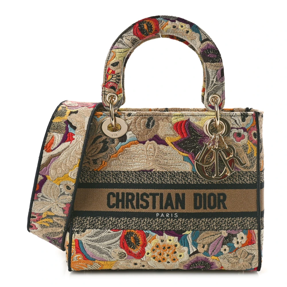Lushentic Dior Medium Lady D-Lite BeigeBlackMulticolor Floral Embroidered Canvas Gold Hardware From