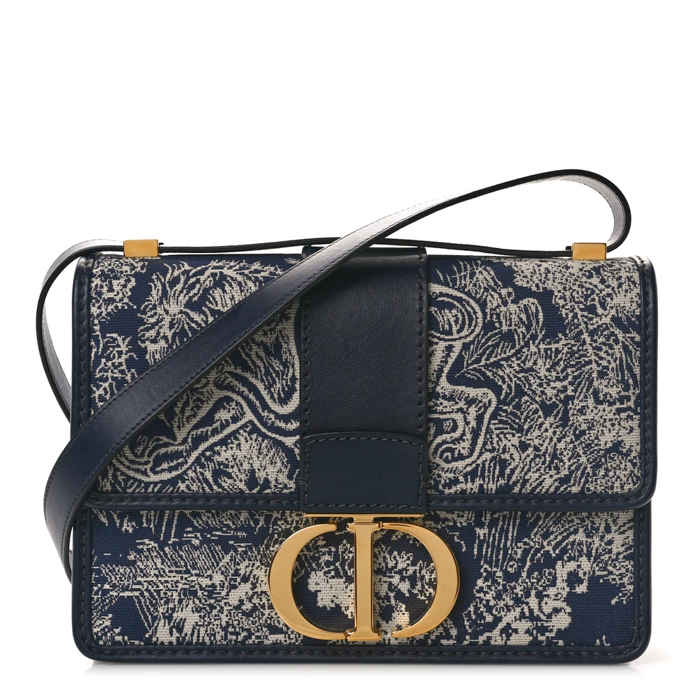 Lushentic Dior Medium Montaigne 30 Toile De Jouy Flap Bag Blue Reverse Canvas Gold Hardware Front