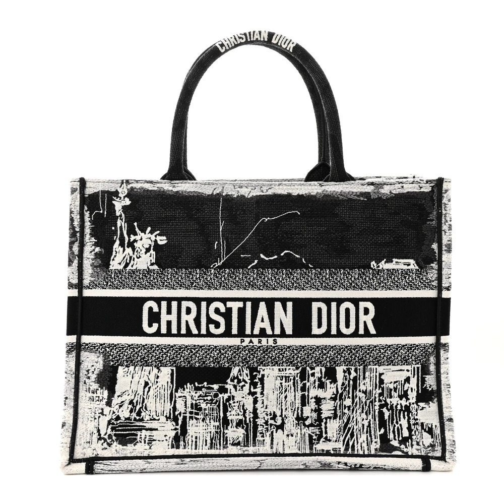 Lushentic Dior Medium New York Book Tote BlackWhite Embroidered Canvas Front