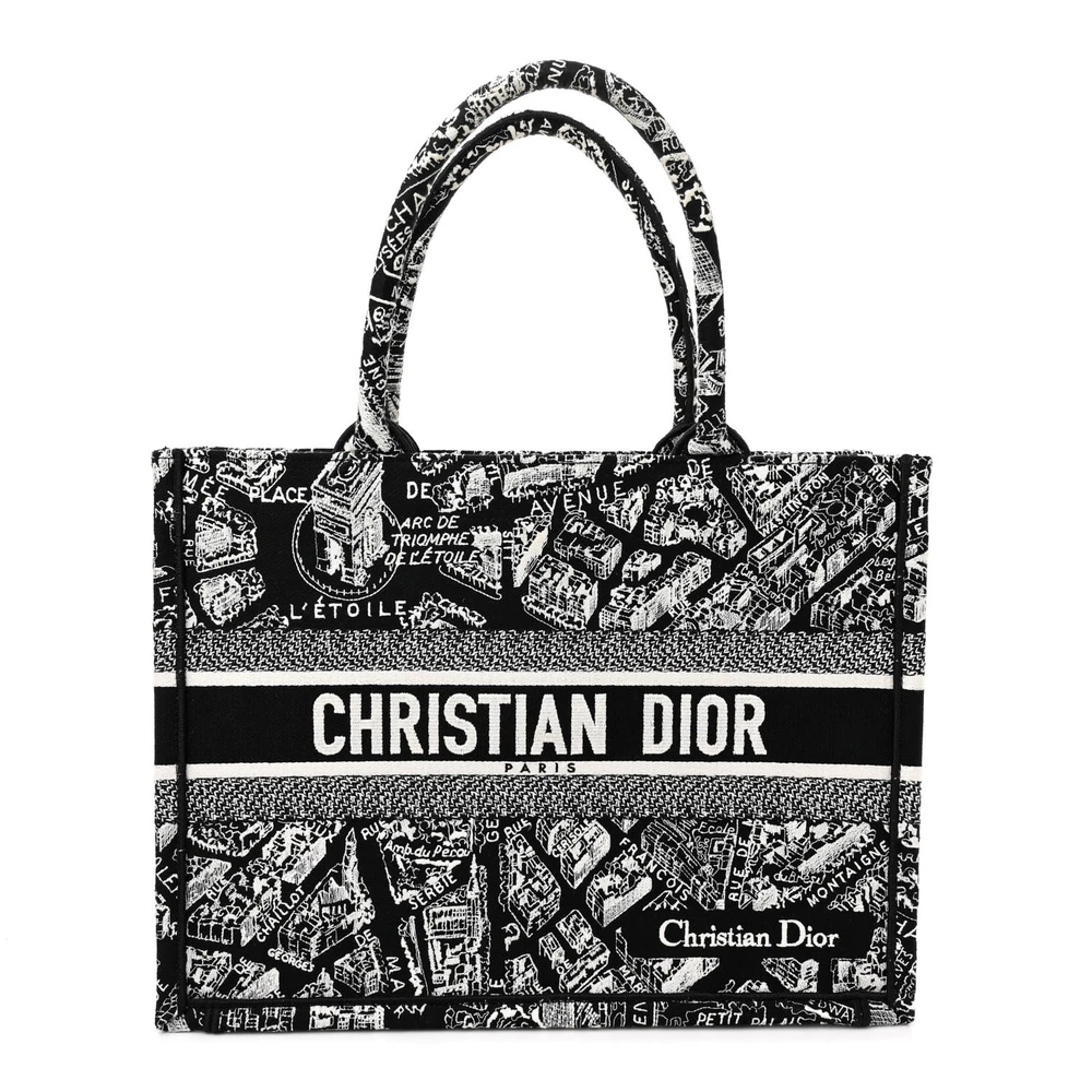 Lushentic Dior Medium Plan De Paris Book Tote BlackWhite Embroidered Canvas Front