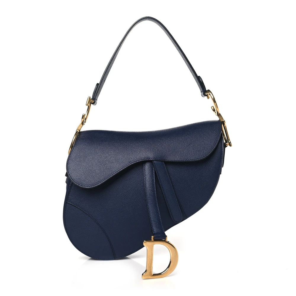 Lushentic Dior Medium Saddle Bag Indigo Blue Grained Calfskin Leather Gold Hardware Front
