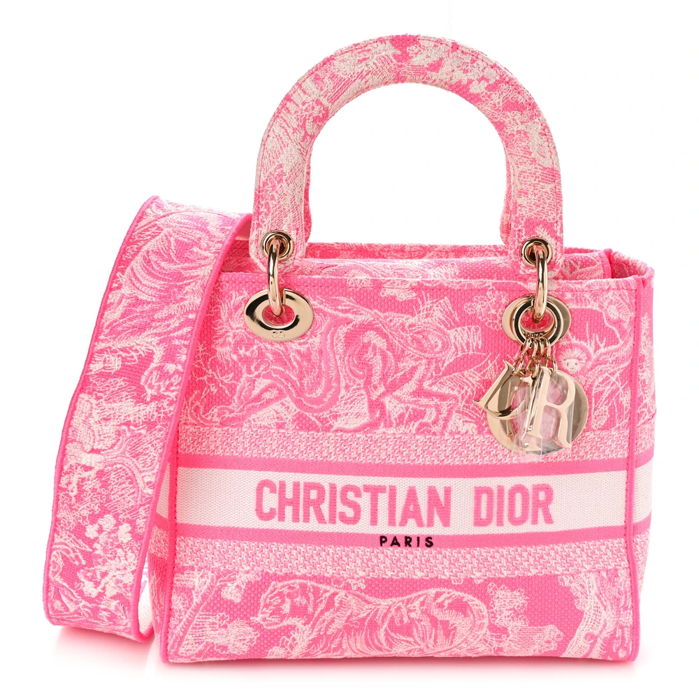Lushentic Dior Medium Toile De Jouy Lady D-Lite Fluorescent Pink Reverse Embroidered Canvas Gold Hardware Front