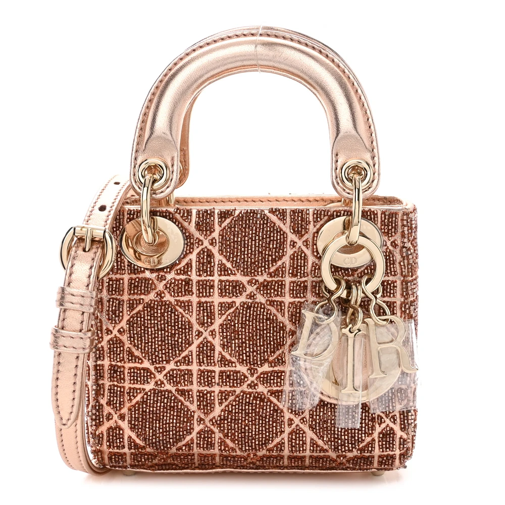 Lushentic Dior Micro Lady Dior Rose Gold Beaded Embroidery Cannage Lambskin Leather Gold Hardware Front