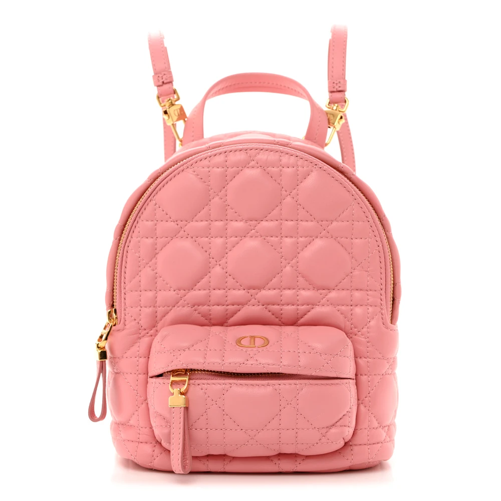 Lushentic Dior Mini Backpack Peach Blossom Cannage Lambskin Leather Gold Hardware Front