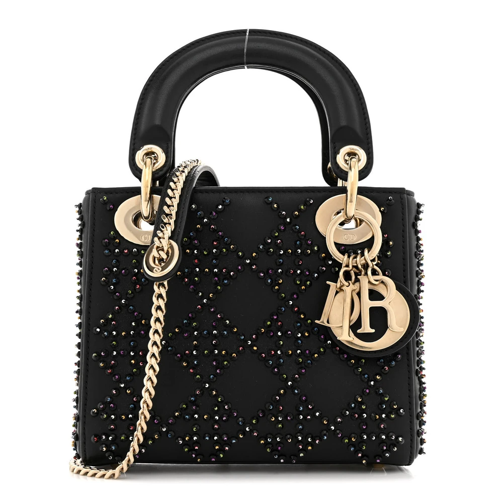 Lushentic Dior Mini Lady Dior Black Beaded Embroidery Cannage Lambskin Leather Gold Hardware Front