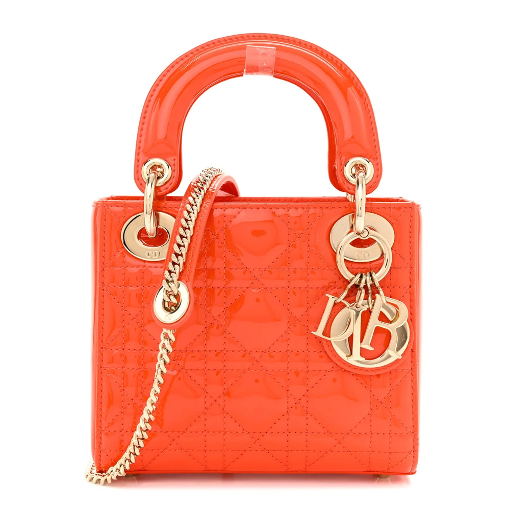 Lushentic Dior Mini Lady Dior Orange Patent Cannage Calfskin Leather Gold Hardware Front