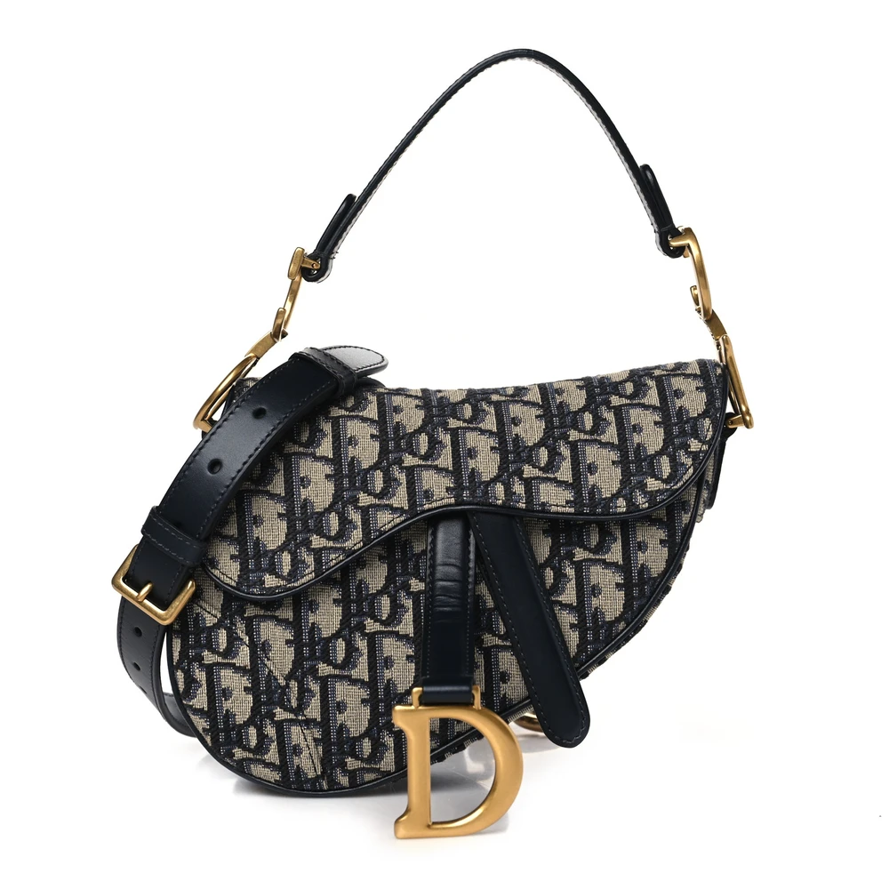 Lushentic Dior Mini Saddle Bag With Strap Blue Oblique Canvas Brass Hardware Front