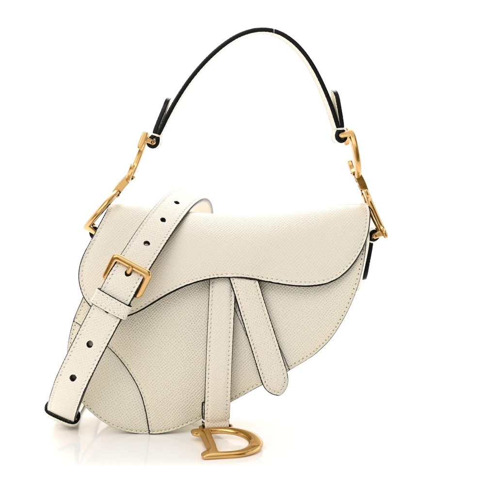 Lushentic Dior Mini Saddle Bag With Strap White Grained Calfskin Leather Brass Hardware Front