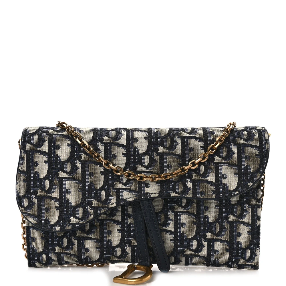 Lushentic Dior Mini Saddle Chain Long Wallet Blue Oblique Canvas Gold Hardware Front