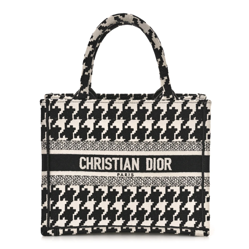 Lushentic Dior Small Book Tote BlackWhite Houndstooth Embroidered Canvas Front