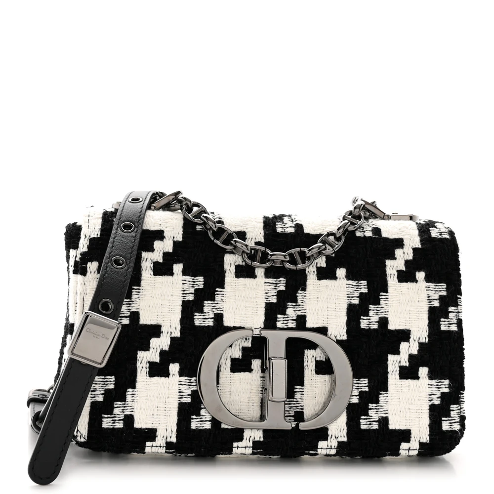 Lushentic Dior Small Caro Bag BlackWhite Tweed Macro Houndstooth Silver Hardware Front