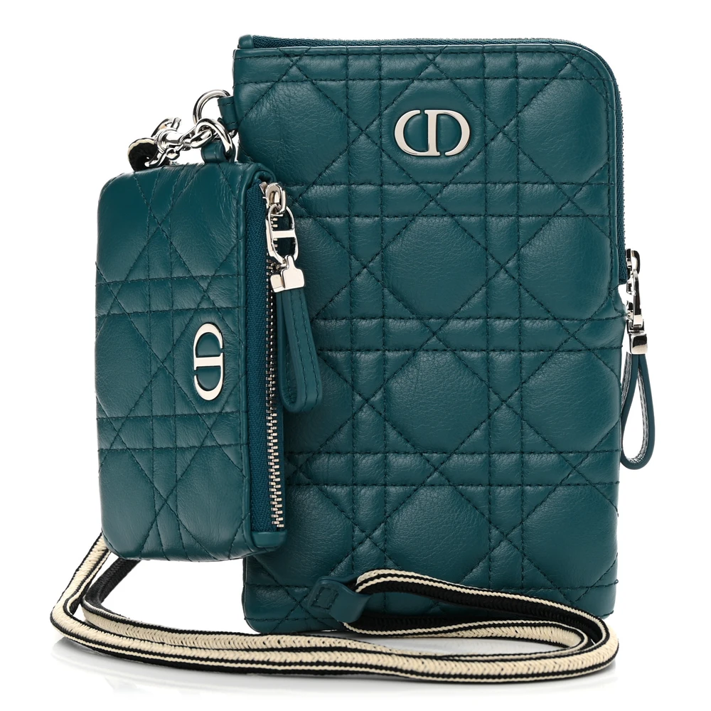 Lushentic Dior Small Caro Multifunctional Pouch Deep Ocean Supple Cannage Calfskin Leather Silver Hardware Front