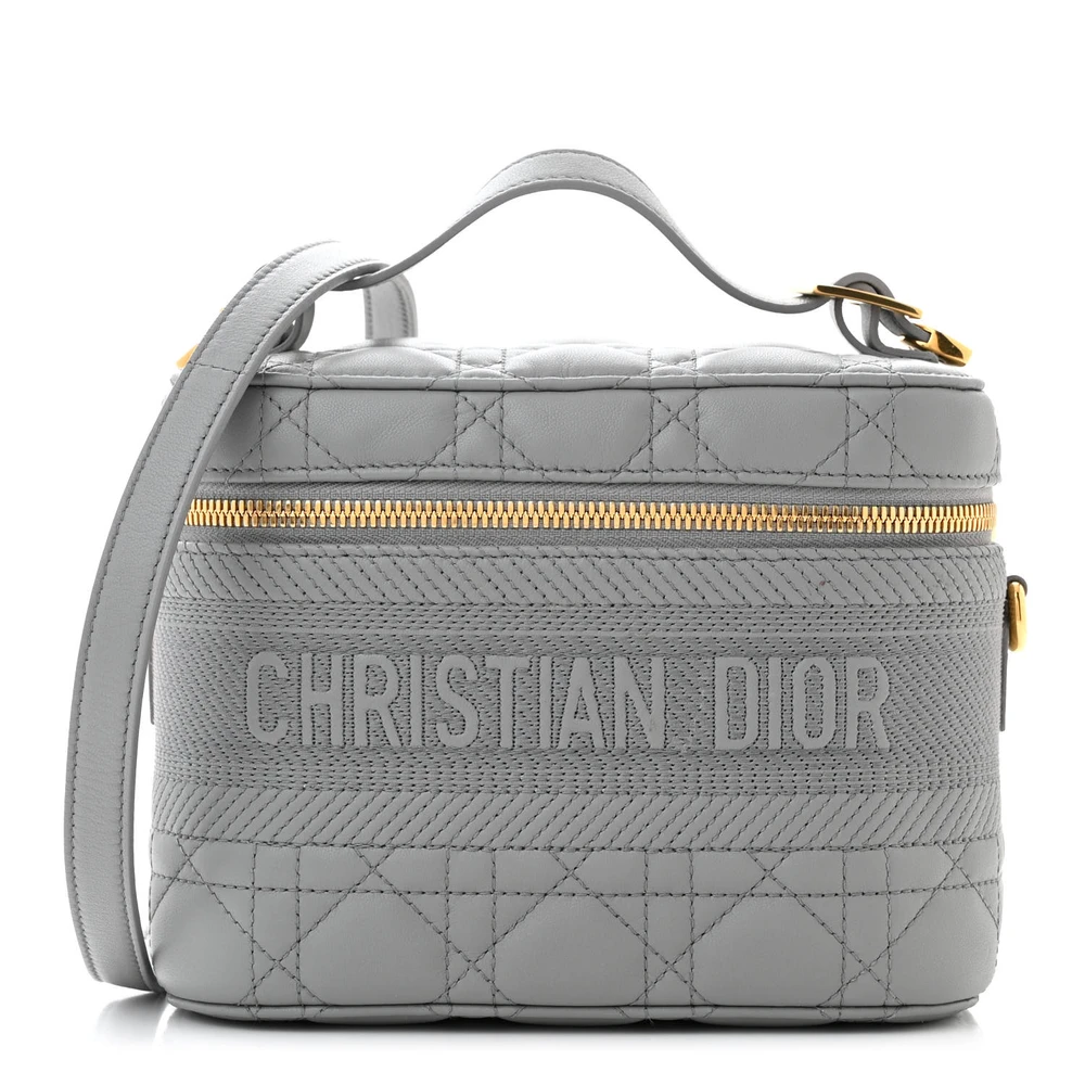 Lushentic Dior Small DiorTravel Vanity Case Grey Cannage Lambskin Leather Gold Hardware Front
