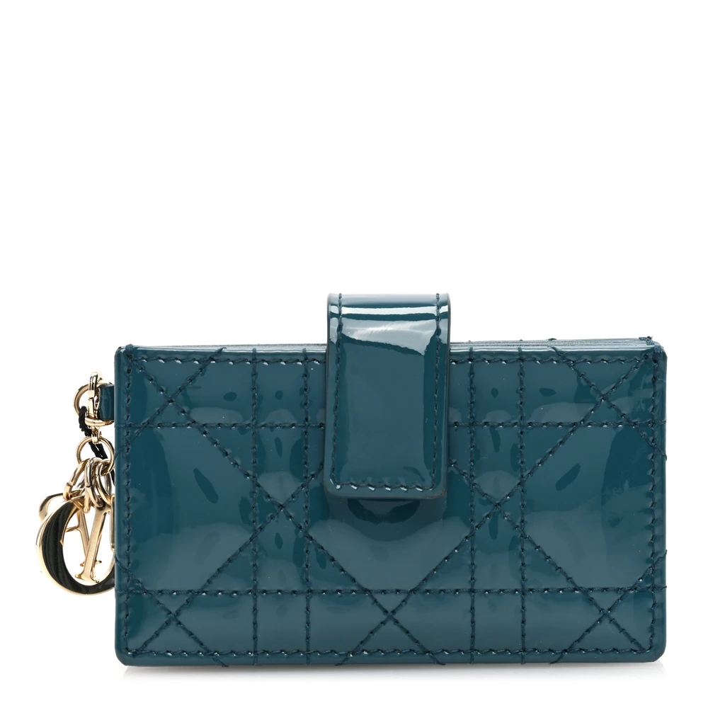 Lushentic Dior Small Lady Dior 5-Gusset Card Holder Turquoise Patent Cannage Calfskin Leather Gold Hardware Front