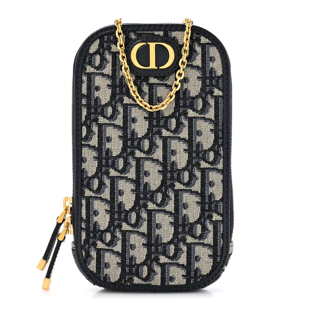 Lushentic Dior Small Montaigne 30 Phone Holder With Chain Blue Oblique Canvas Front