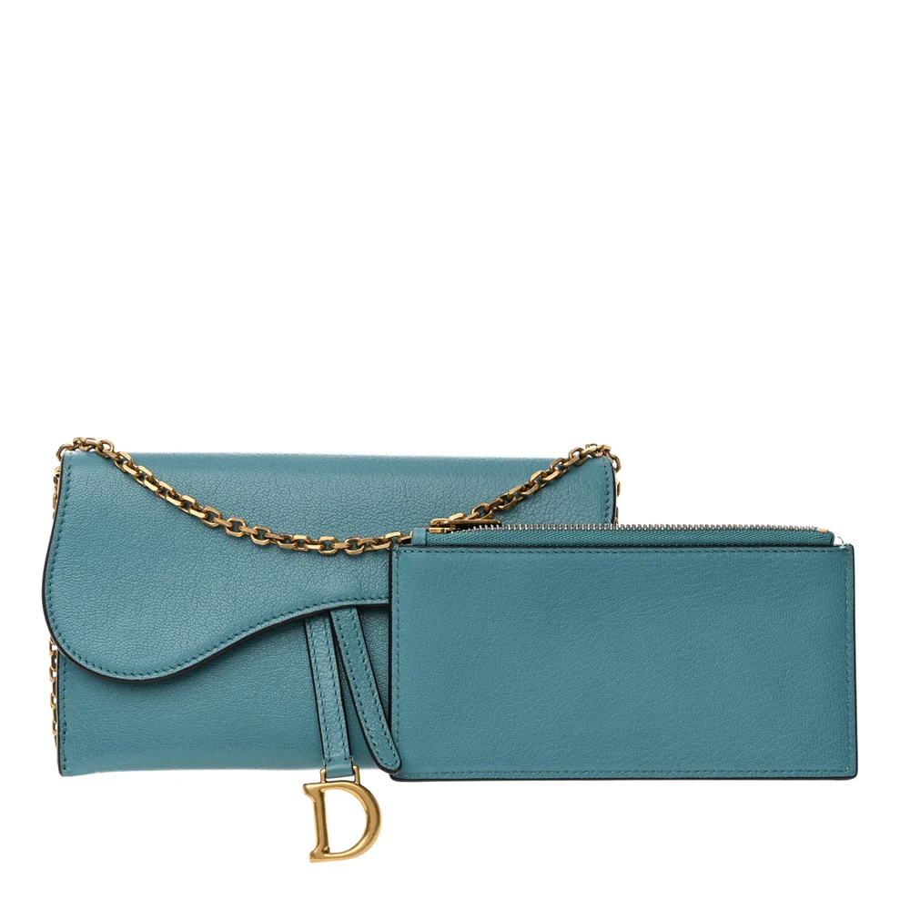 Lushentic Dior Small Saddle Long Wallet With Chain Azure Blue Goatskin Leather Antique Gold Hardware Front