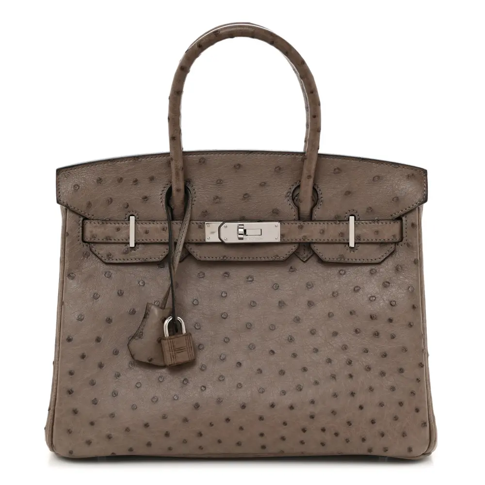 Lushentic Hermès Birkin 30 Gris Tourterelle Ostrich Leather Palladium Hardware Front