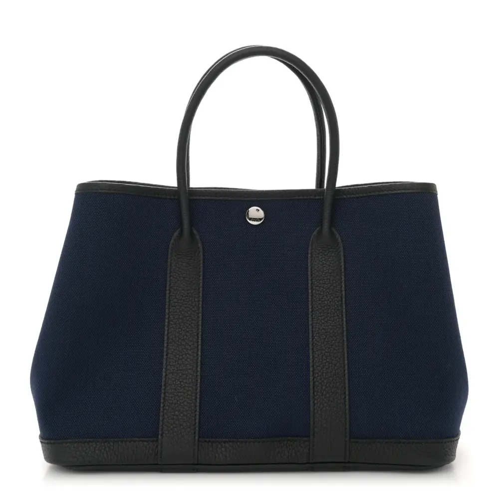 Lushentic Hermès Garden Party 30 TPM Bleu Marine Black Military Toile & Negonda Leather Palladium Hardware Front