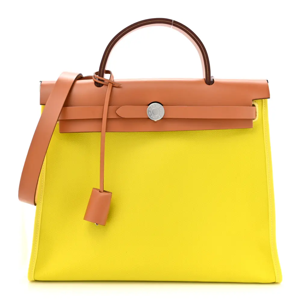 Lushentic Hermès H Berline Herbag Zip 31 PM Lime Toile & Vache Hunter Leather Palladium Silver Hardware Front