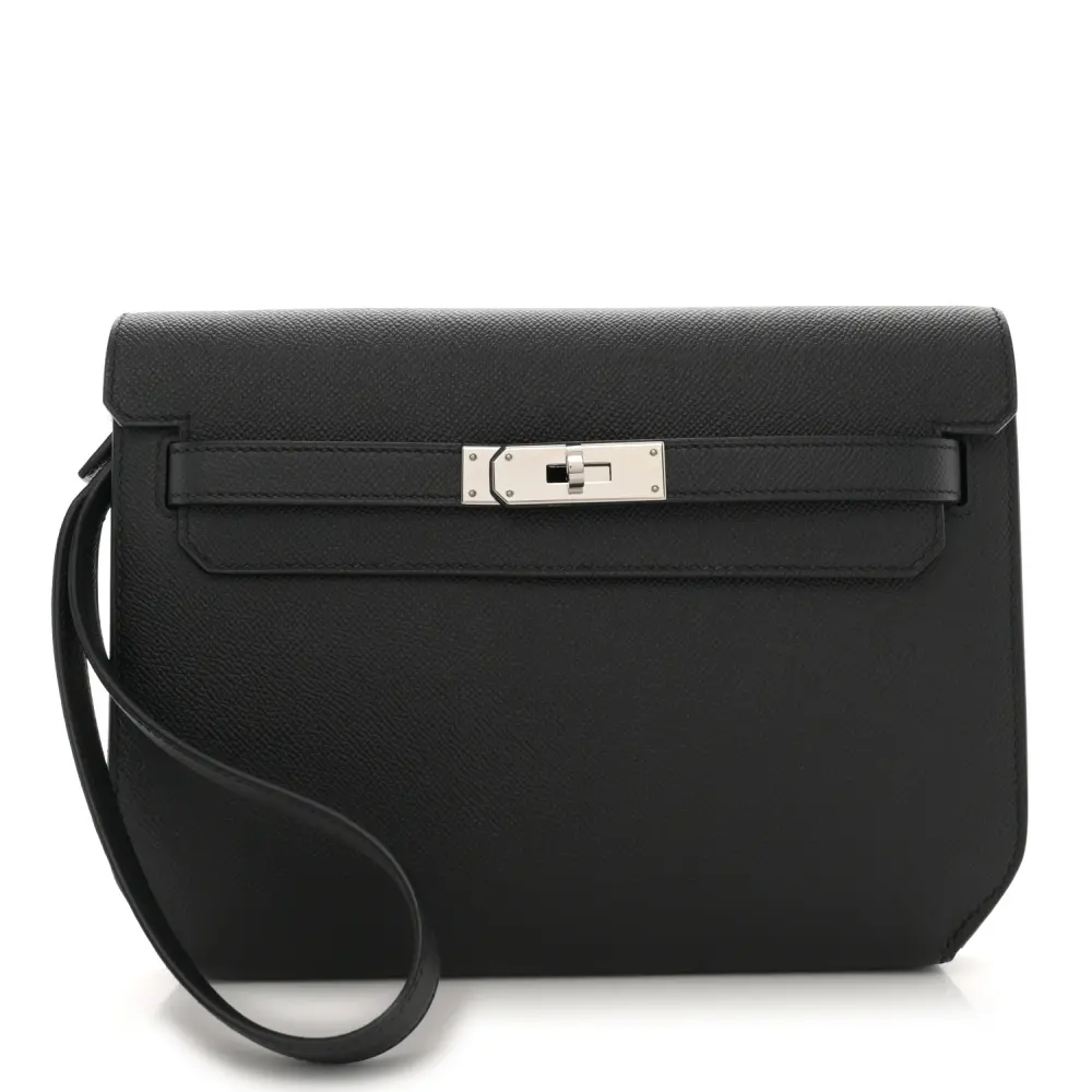 Lushentic Hermès Kelly Dépêches 25 Pouch Black Epsom Leather Palladium Hardware Front