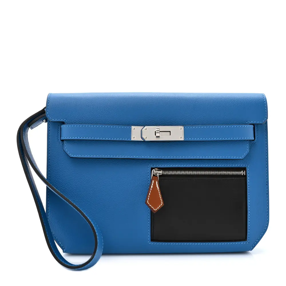 Lushentic Hermès Kelly Dépêches 25 Pouch Blue Hydra Black Fauve Evercolor Evergran Barenia Leather Palladium Hardware Front