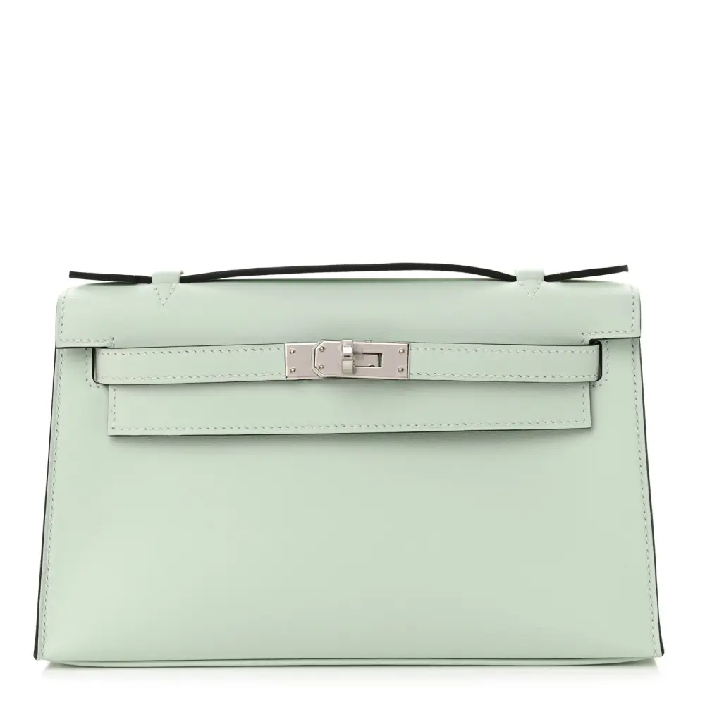 Lushentic Hermès Kelly Pochette Clutch Vert Peppermint Swift Leather Palladium Hardware Front