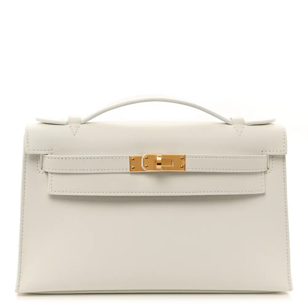 Lushentic Hermès Kelly Pochette Clutch White Swift Leather Gold Palladium Hardware Front