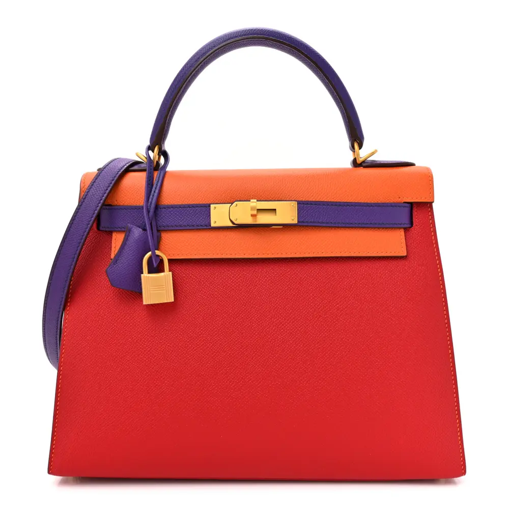Lushentic Hermès Kelly Sellier 28 Tri Color HSS Rose Tyreïn Rouge Casaque Orange Crocus Epsom Leather Horseshoe Gold Hardware Front
