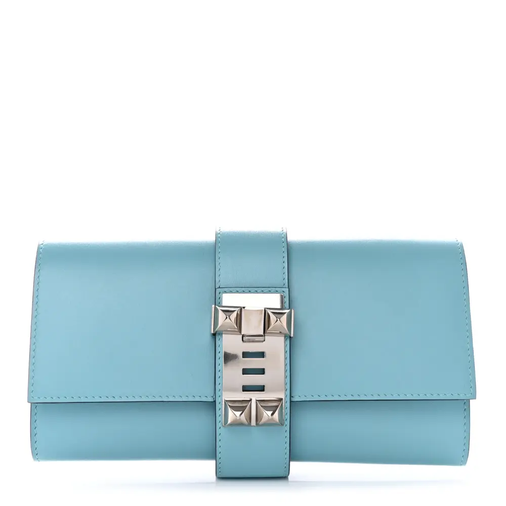 Lushentic Hermès Medor 23 Clutch Bleu Atoll Tadelakt Leather Palladium Hardware Front