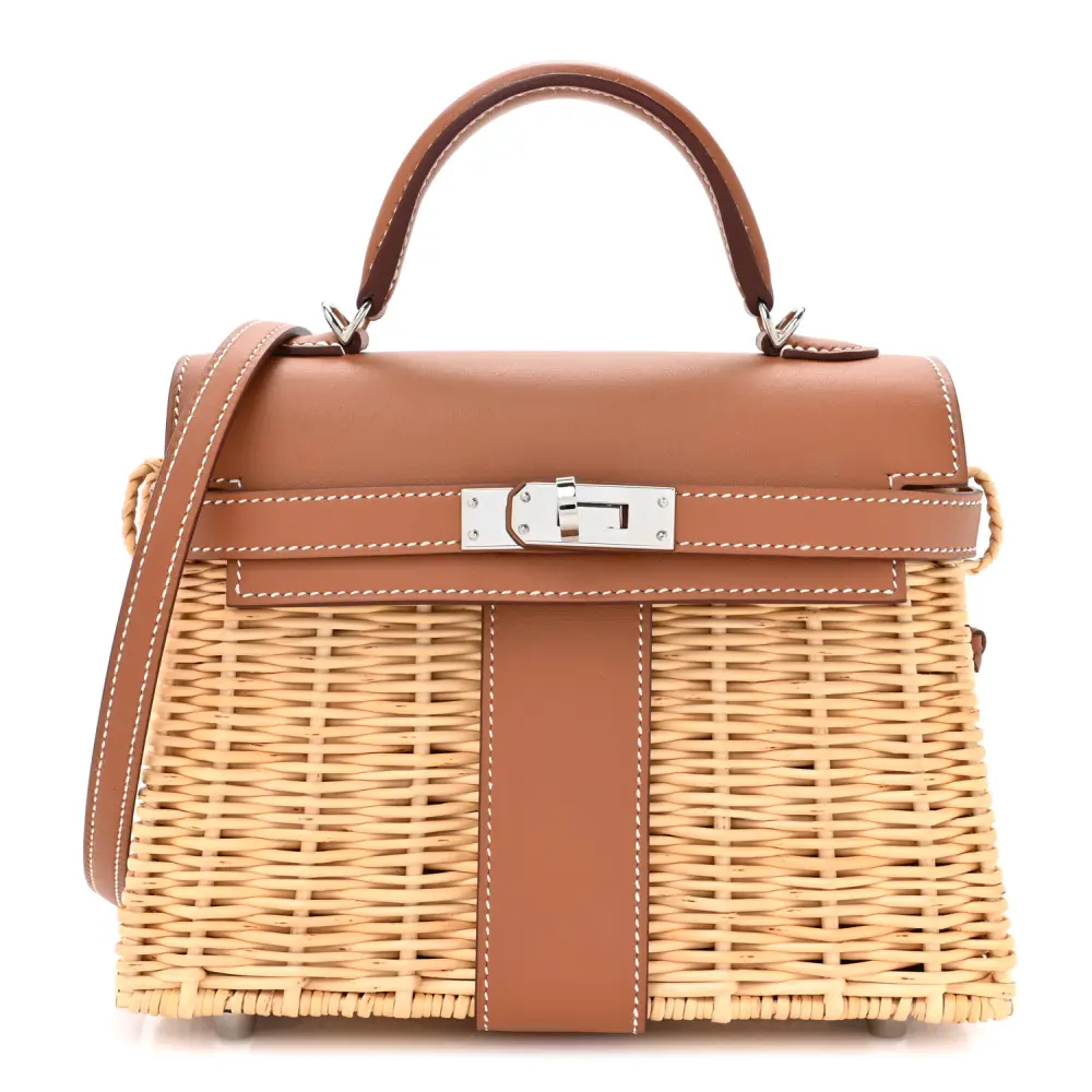Lushentic Hermès Picnic Mini Kelly 20 NaturelBrown Wicker & Swift Leather Palladium Silver Hardware Front