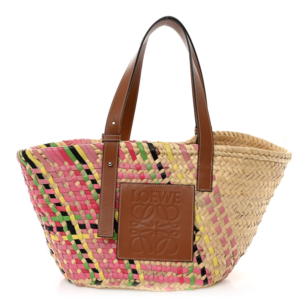 Lushentic Loewe Basket Tote Bag Medium Pink Multicolor Raffia Front