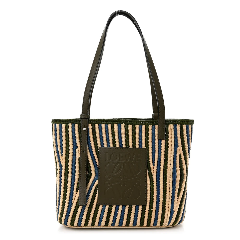 Lushentic Loewe Basket Tote Bag Small NaturalKhakiBlue Raffia Front
