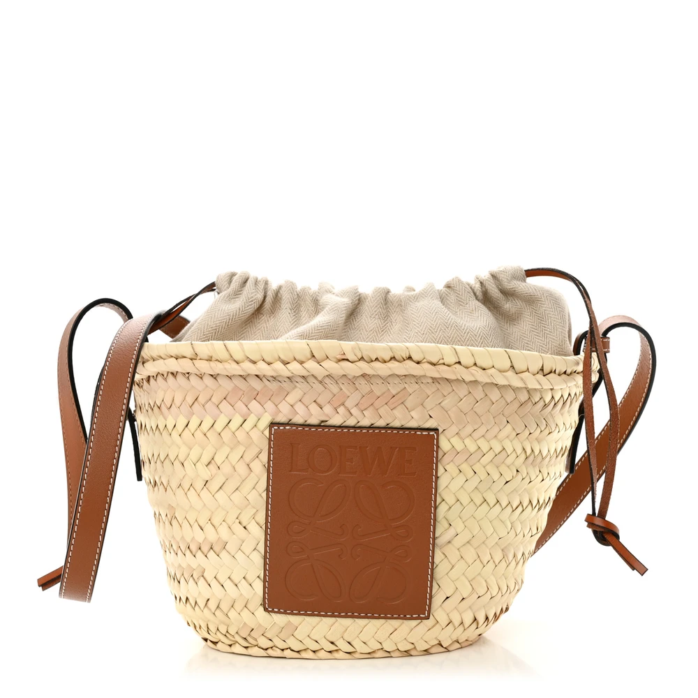 Lushentic Loewe Leaf Palm Drawstring Bucket Bag Mini NaturalTan Calfskin Leather Front